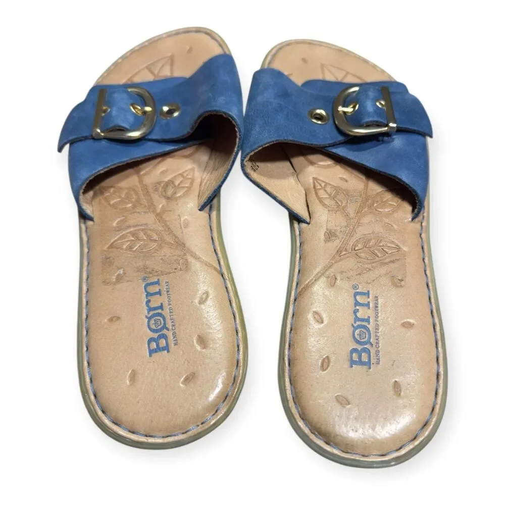 Born Boho Sandals Miarra Women's Blue Leather Slide Sandal Size 8M Casual Buckle